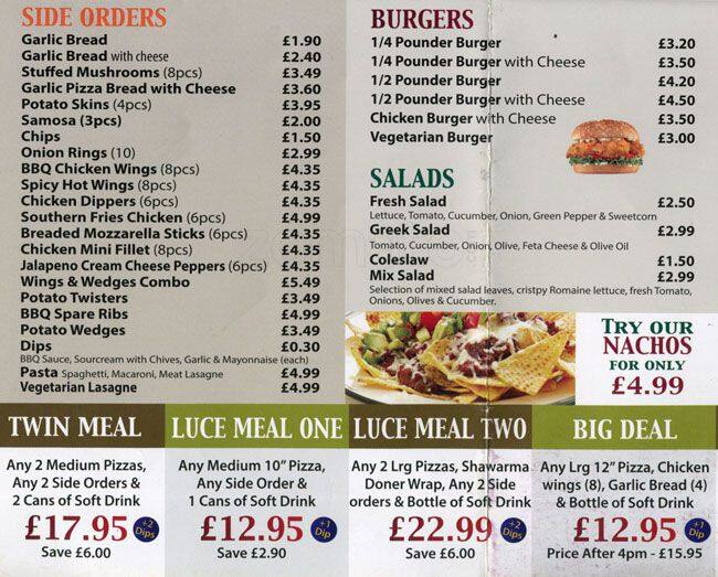 pizza luce menu